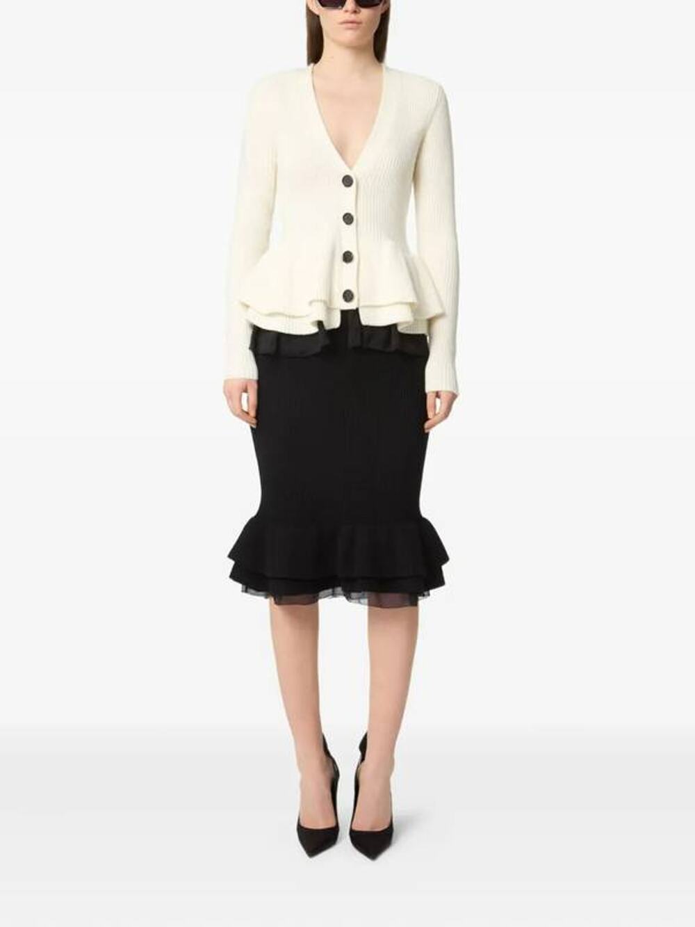Nina Ricci  V Neck Layered Mix Ruffled Wool Knit Cardigan in Cream M